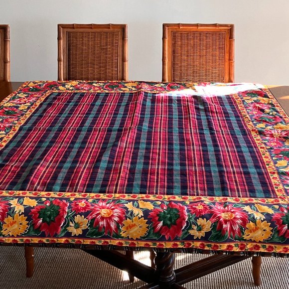 Vintage April Cornell Double Sided Holiday Tablecloth featuring Plaid and Flower - Picture 8 of 9